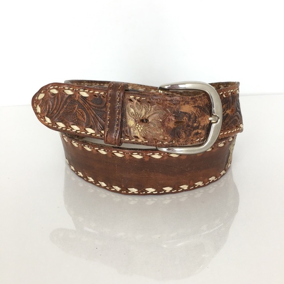 Vintage Made In The USA Brown Tooled Leather Belt Western Floral Distressed - Picture 1 of 10